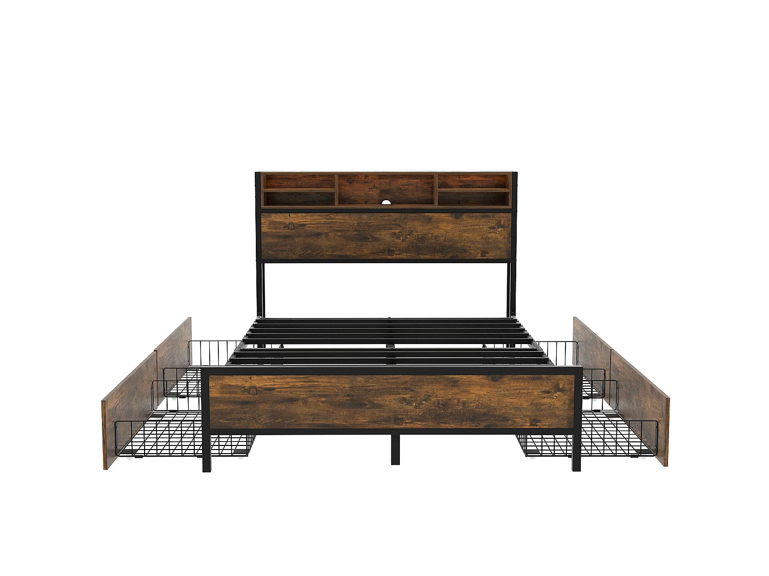 Lit double avec rangement de tête de lit et 4 tiroirs - 140 x 200 cm - LEDs et prise USB - bois MDF et métal - style industriel - marron