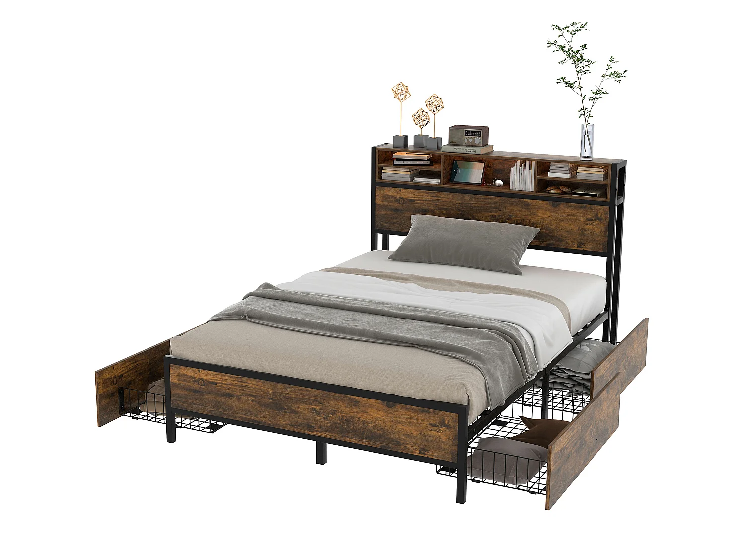 Lit double avec rangement de tête de lit et 4 tiroirs - 140 x 200 cm - LEDs et prise USB - bois MDF et métal - style industriel - marron