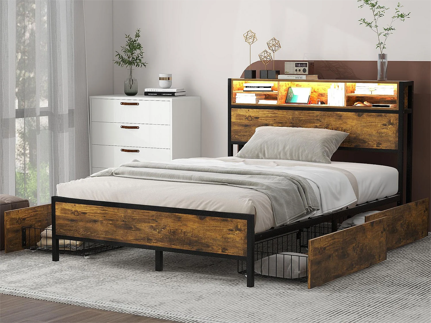 Cama de casal com cabeceira e 4 gavetas - 140 x 200 cm - LEDs e tomada USB - Madeira MDF e metal - estilo industrial - marrom