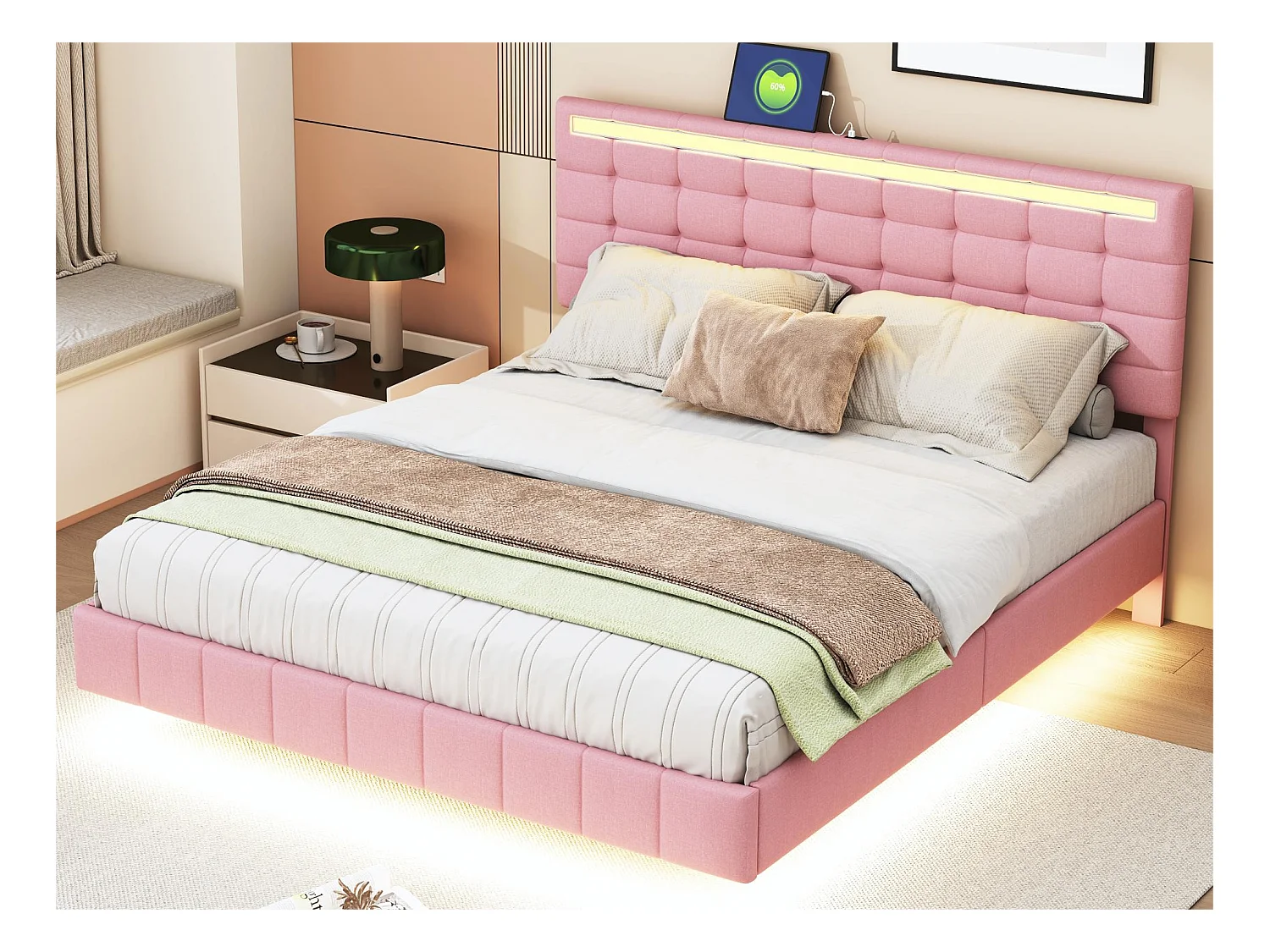 Lit capitonné avec tête de lit - 160 x 200 cm - cadre de lit flottant - LEDs - tissu lin - rose