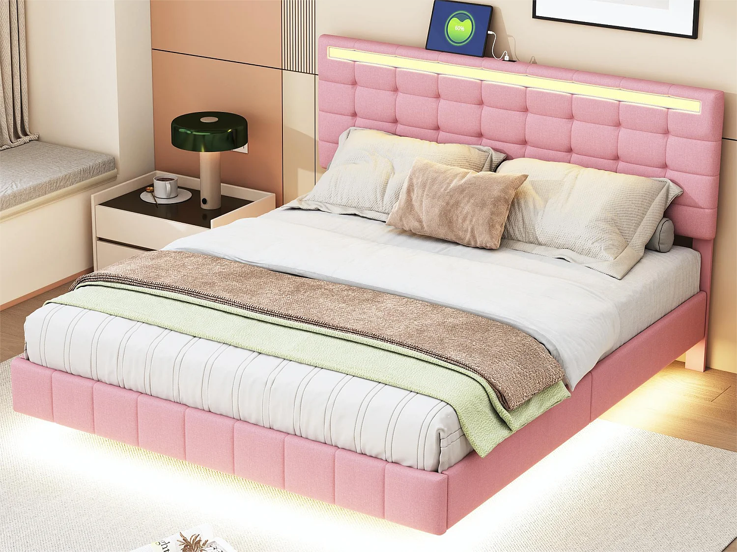 Cama estofada com cabeceira - 160 x 200 cm - estrado flutuante - LEDs - tecido de linho - rosa