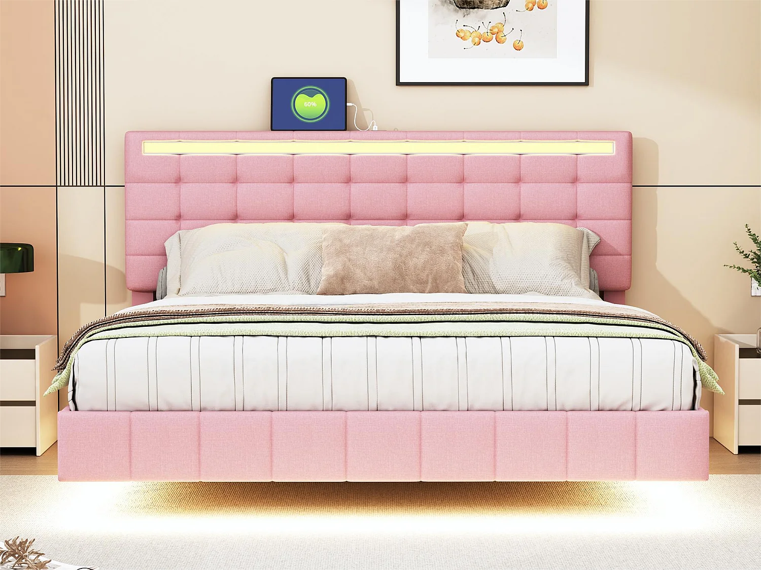 Cama estofada com cabeceira - 160 x 200 cm - estrado flutuante - LEDs - tecido de linho - rosa