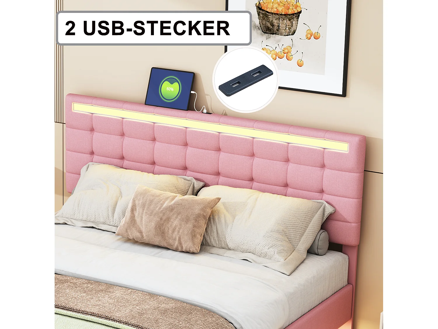 Cama estofada com cabeceira - 160 x 200 cm - estrado flutuante - LEDs - tecido de linho - rosa