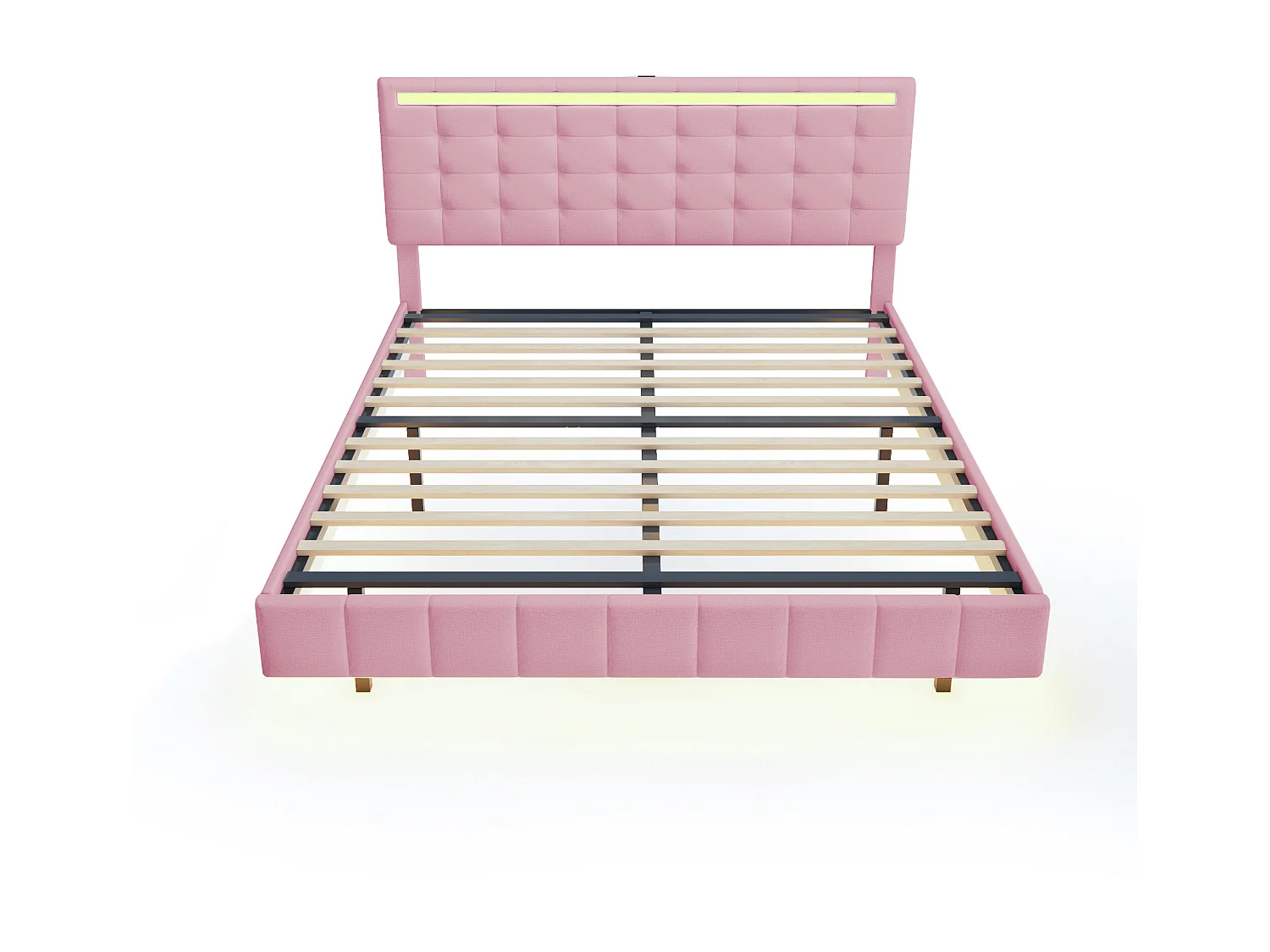 Cama estofada com cabeceira - 160 x 200 cm - estrado flutuante - LEDs - tecido de linho - rosa