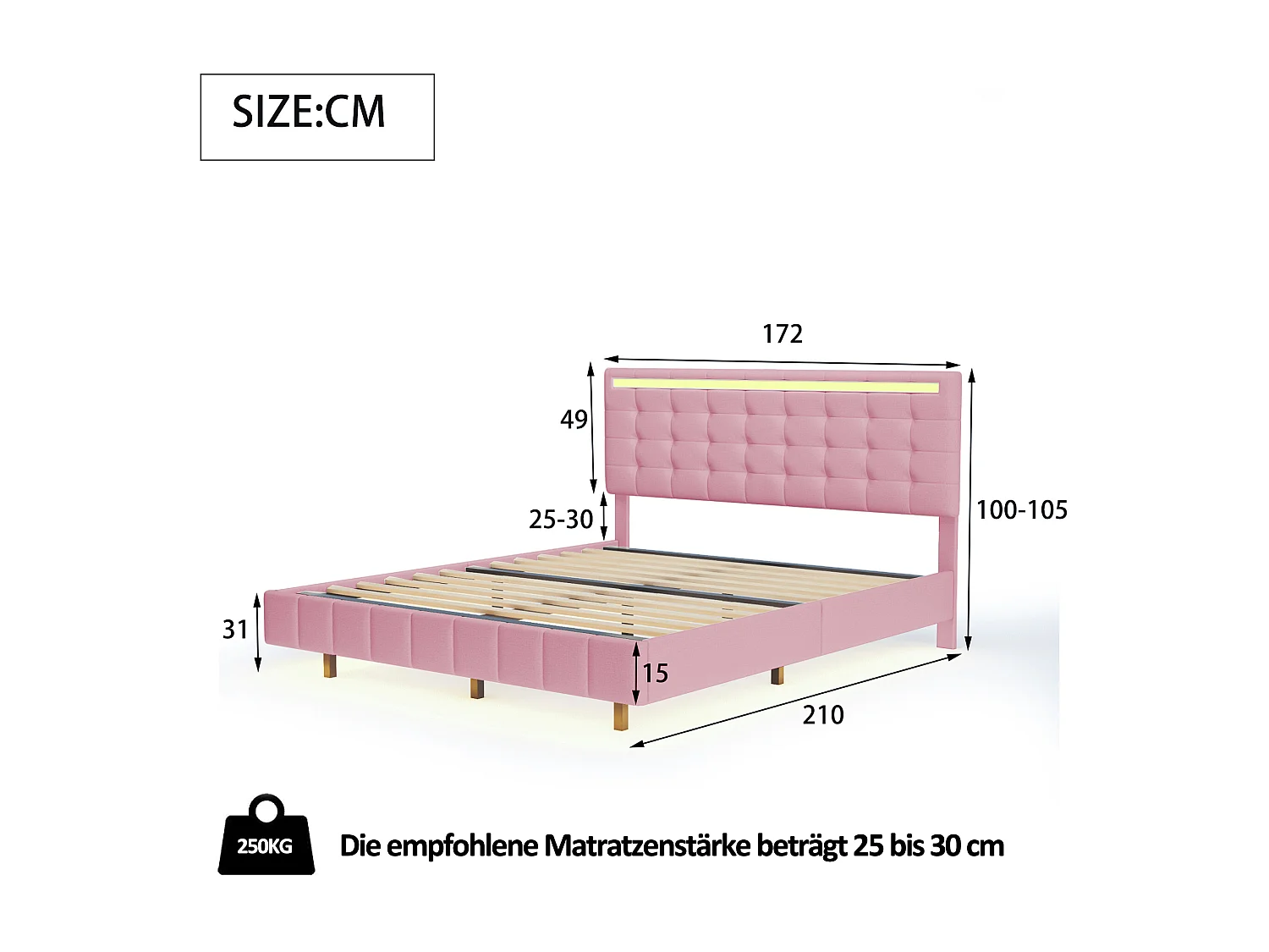 Cama estofada com cabeceira - 160 x 200 cm - estrado flutuante - LEDs - tecido de linho - rosa