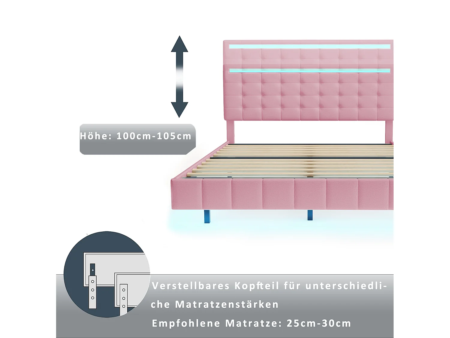 Cama estofada com cabeceira - 160 x 200 cm - estrado flutuante - LEDs - tecido de linho - rosa