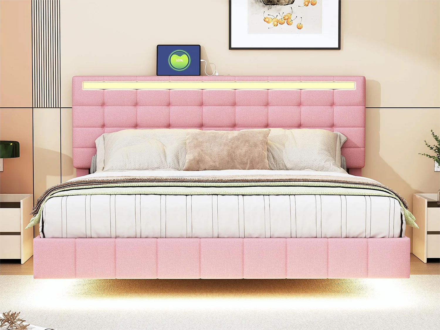 Lit capitonné avec tête de lit - 160 x 200 cm - cadre de lit flottant - LEDs - tissu lin - rose