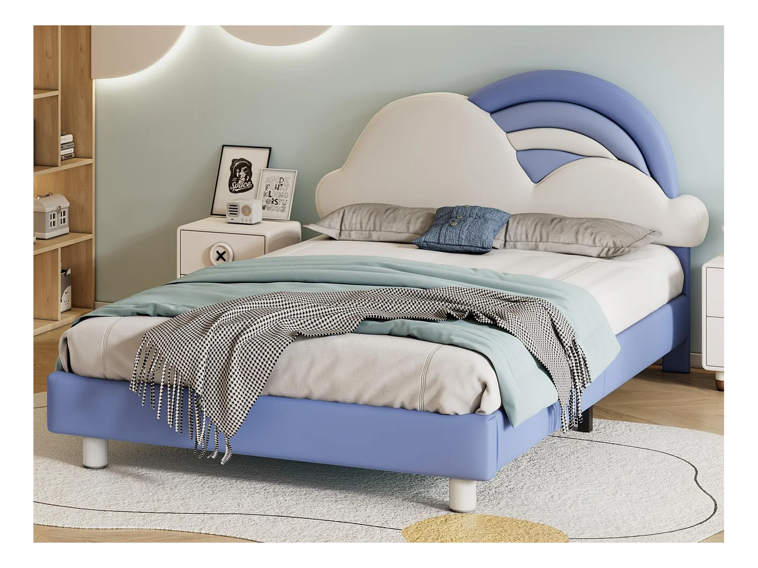 Volwassenenbed met wolkvormig hoofdeinde - 140 x 200 cm - kunstleer - houten lattenbodem - blauw