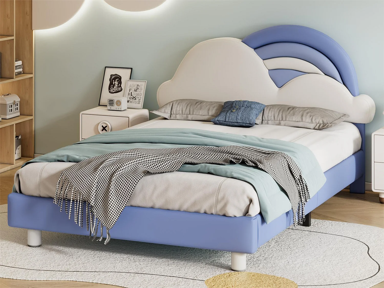 Lit adulte avec tête de lit en forme de nuage - 140 x 200 cm - similicuir - sommier à lattes en bois - bleu