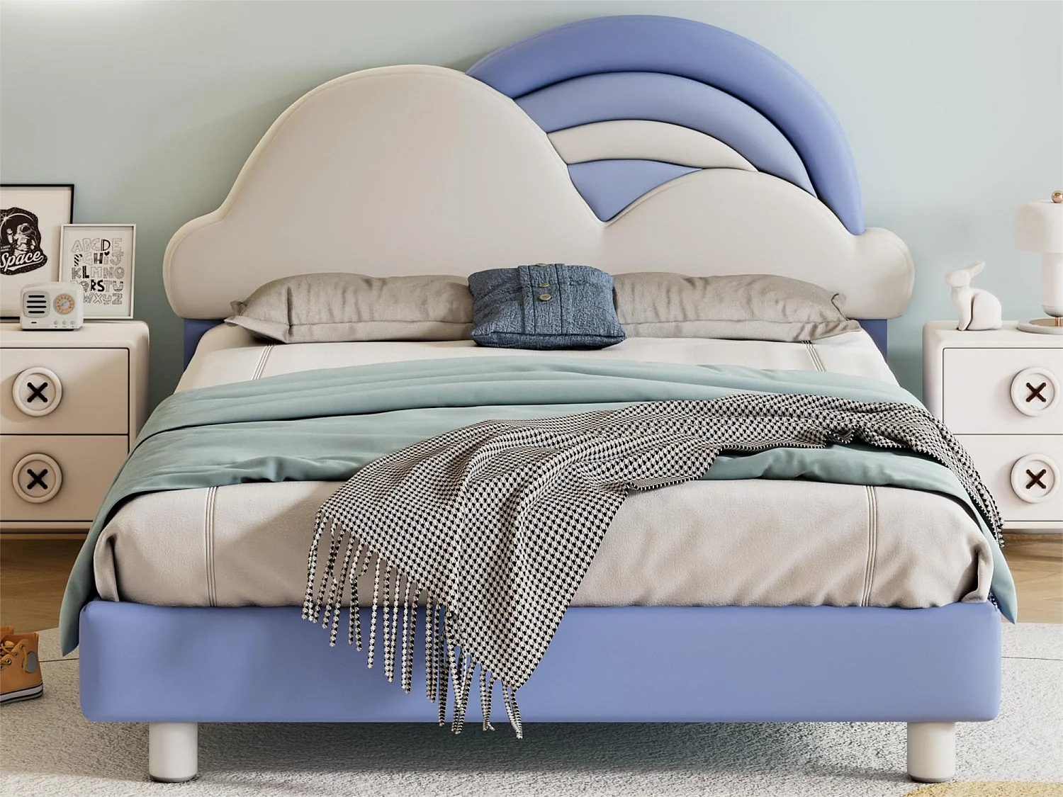 Lit adulte avec tête de lit en forme de nuage - 140 x 200 cm - similicuir - sommier à lattes en bois - bleu