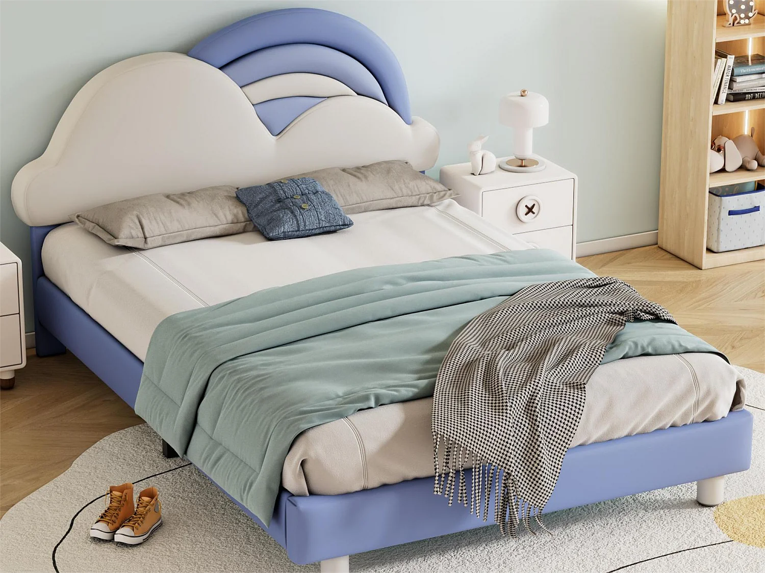 Lit adulte avec tête de lit en forme de nuage - 140 x 200 cm - similicuir - sommier à lattes en bois - bleu