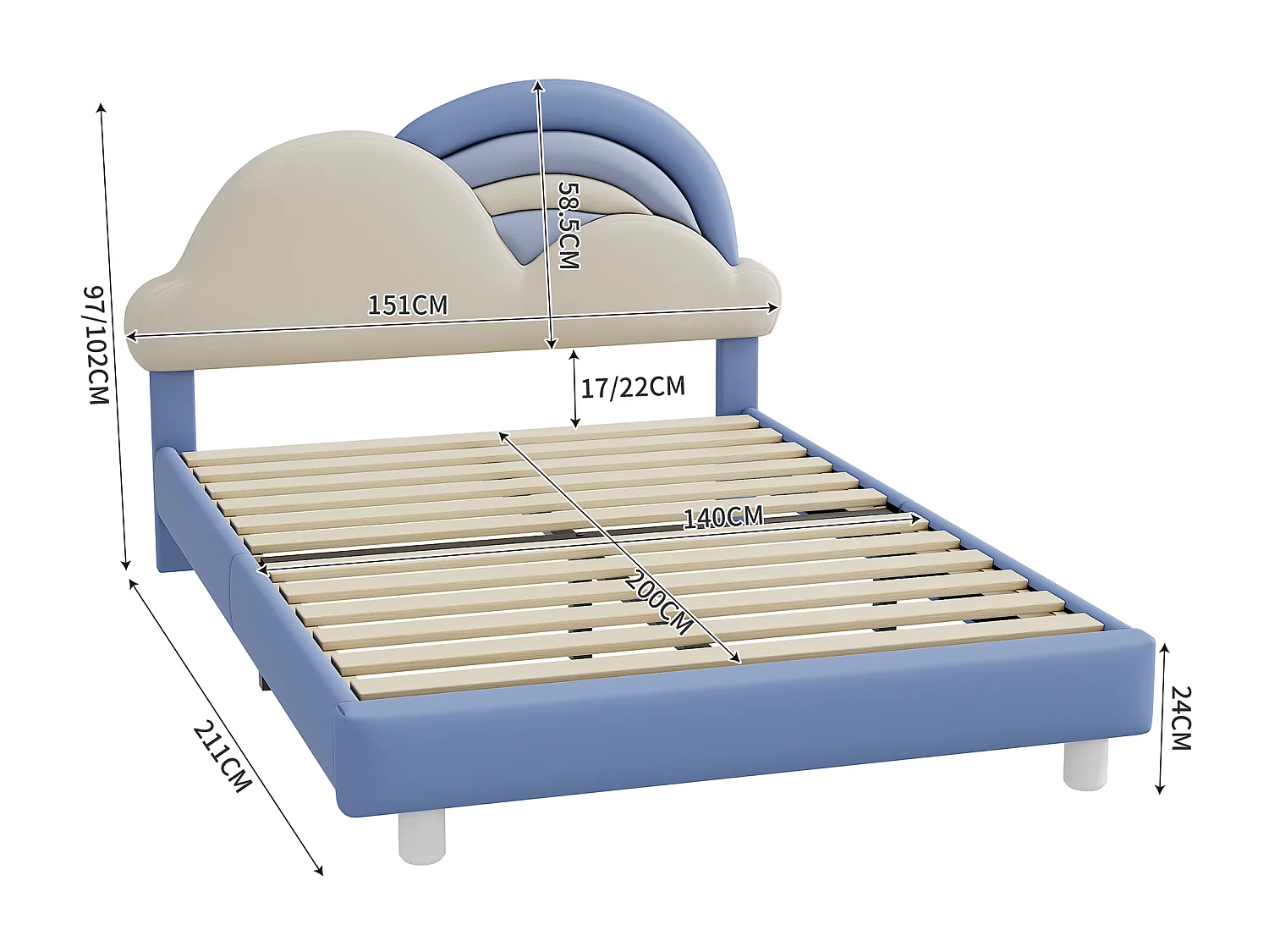 Lit adulte avec tête de lit en forme de nuage - 140 x 200 cm - similicuir - sommier à lattes en bois - bleu