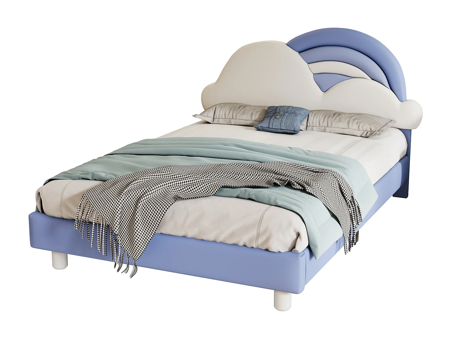 Lit adulte avec tête de lit en forme de nuage - 140 x 200 cm - similicuir - sommier à lattes en bois - bleu