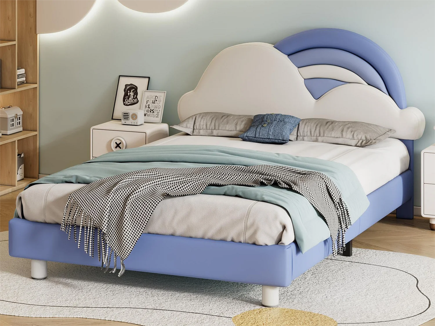 Volwassenenbed met wolkvormig hoofdeinde - 140 x 200 cm - kunstleer - houten lattenbodem - blauw