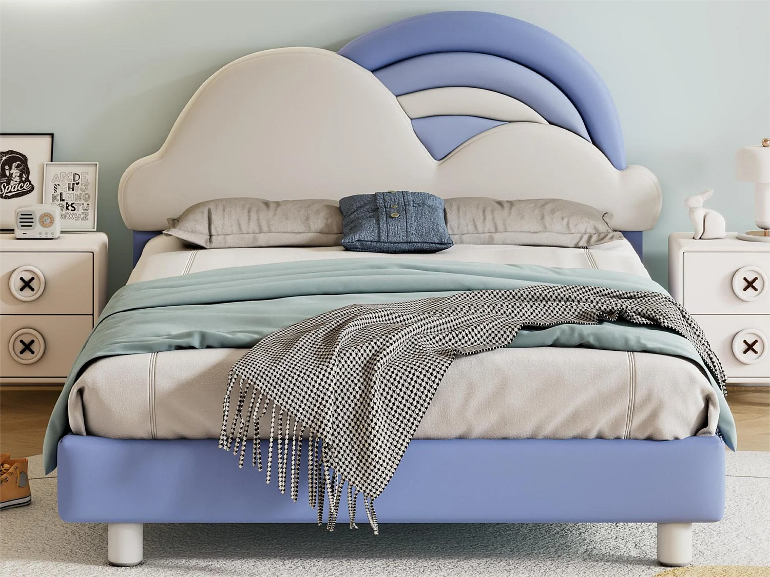 Volwassenenbed met wolkvormig hoofdeinde - 140 x 200 cm - kunstleer - houten lattenbodem - blauw