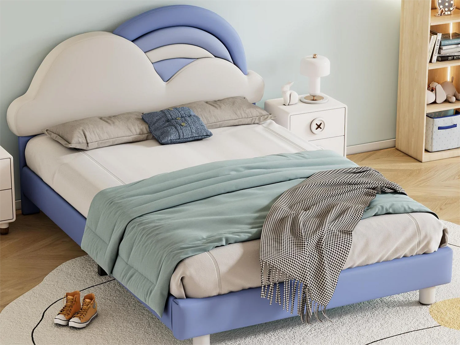 Volwassenenbed met wolkvormig hoofdeinde - 140 x 200 cm - kunstleer - houten lattenbodem - blauw