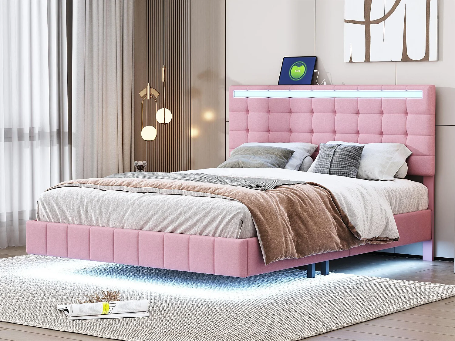 Lit capitonné avec tête de lit - 140 x 200 cm - cadre de lit flottant - LEDs - tissu lin - rose