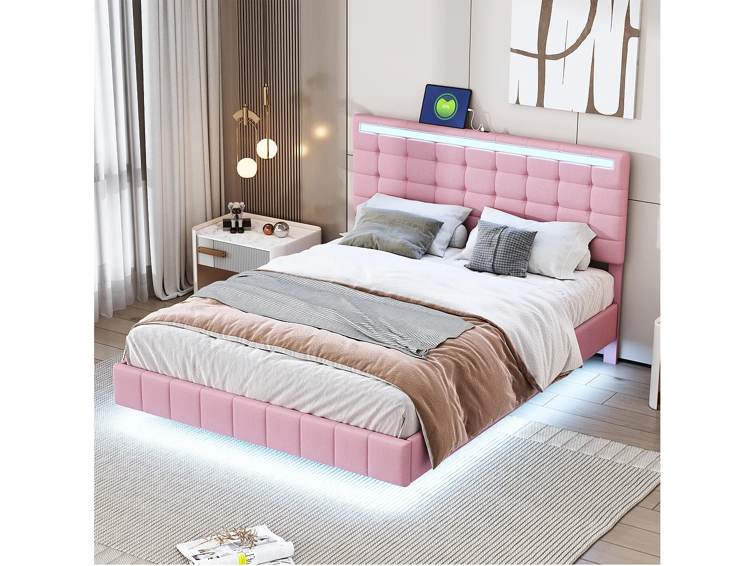 Lit capitonné avec tête de lit - 140 x 200 cm - cadre de lit flottant - LEDs - tissu lin - rose