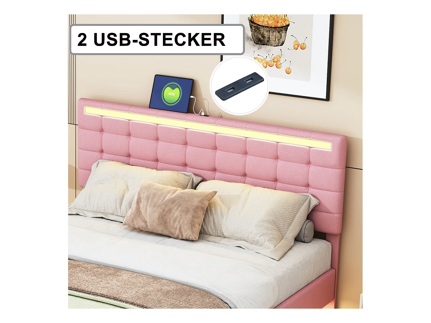 Lit capitonné avec tête de lit - 140 x 200 cm - cadre de lit flottant - LEDs - tissu lin - rose