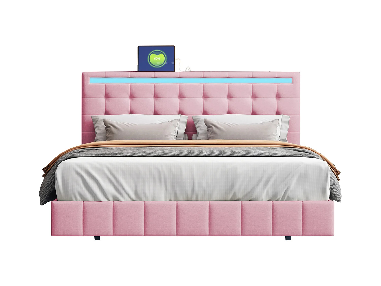 Lit capitonné avec tête de lit - 140 x 200 cm - cadre de lit flottant - LEDs - tissu lin - rose