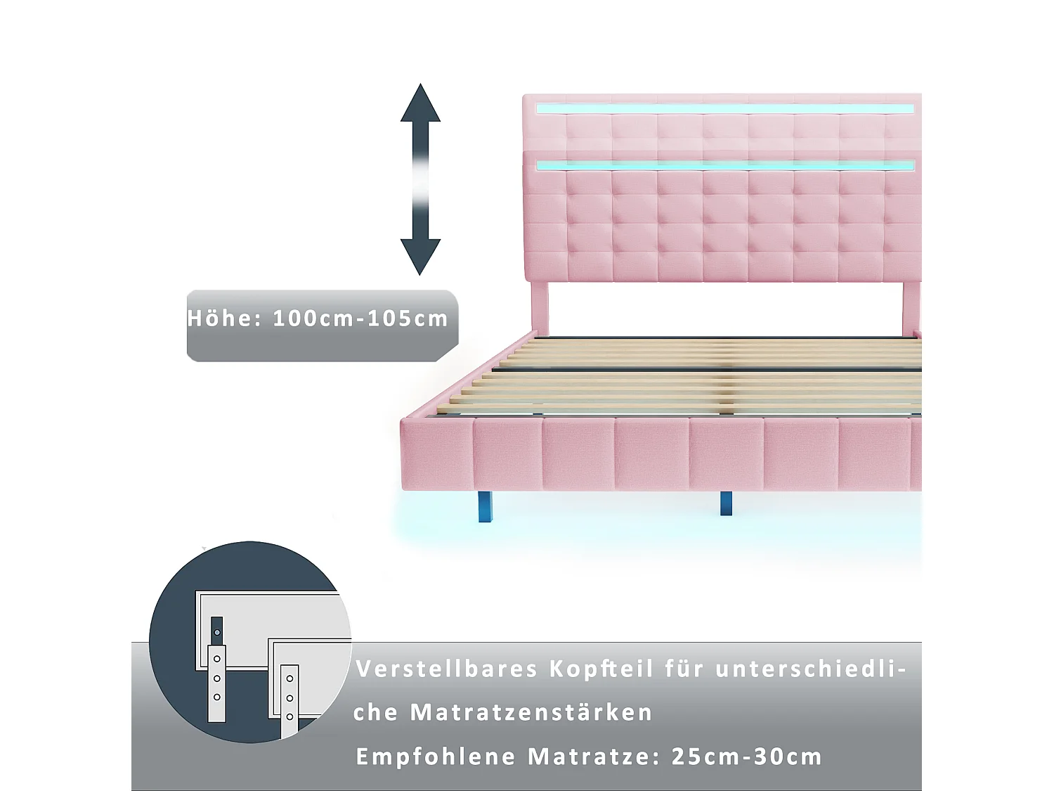 Lit capitonné avec tête de lit - 140 x 200 cm - cadre de lit flottant - LEDs - tissu lin - rose