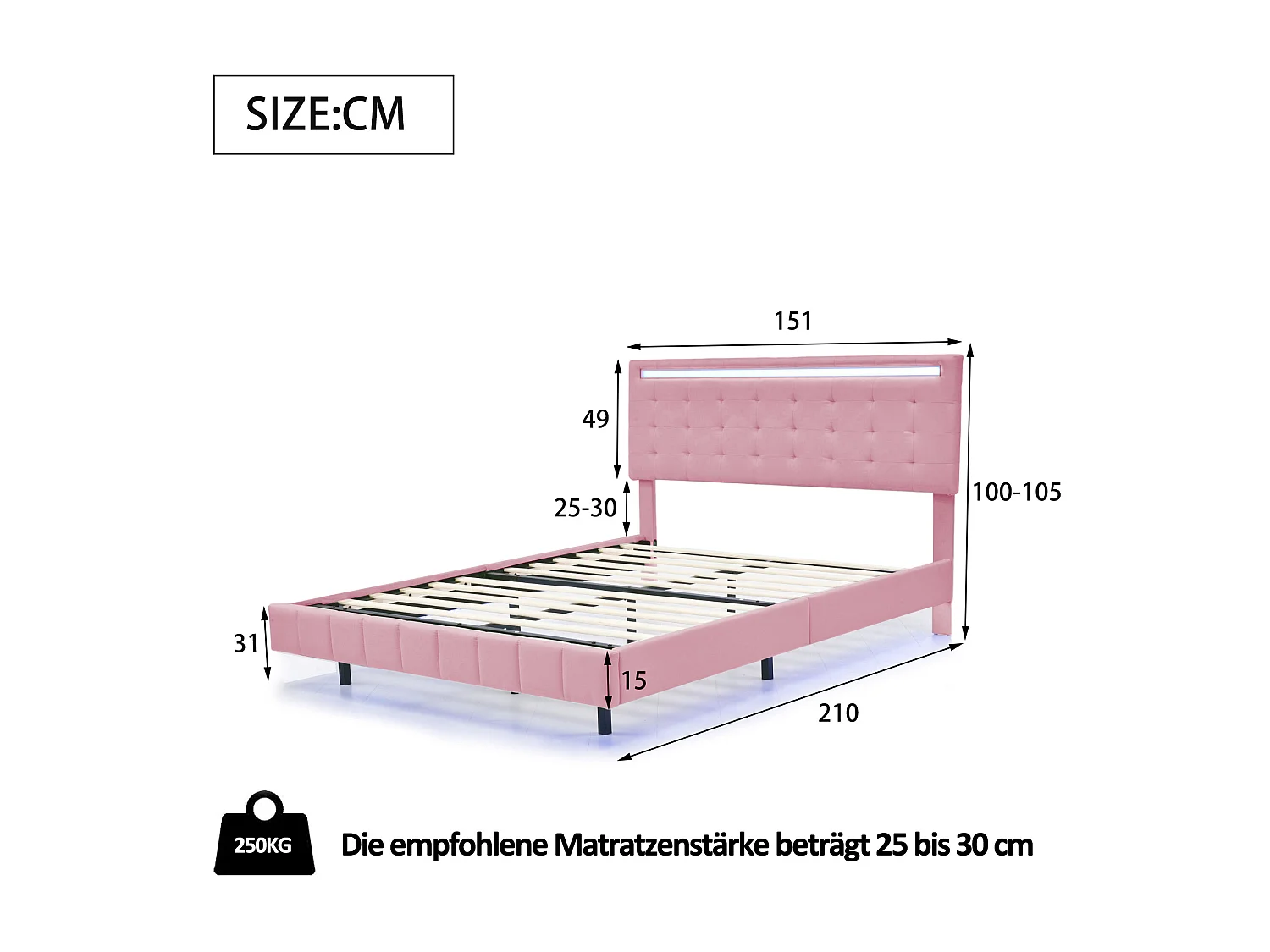 Lit capitonné avec tête de lit - 140 x 200 cm - cadre de lit flottant - LEDs - tissu lin - rose