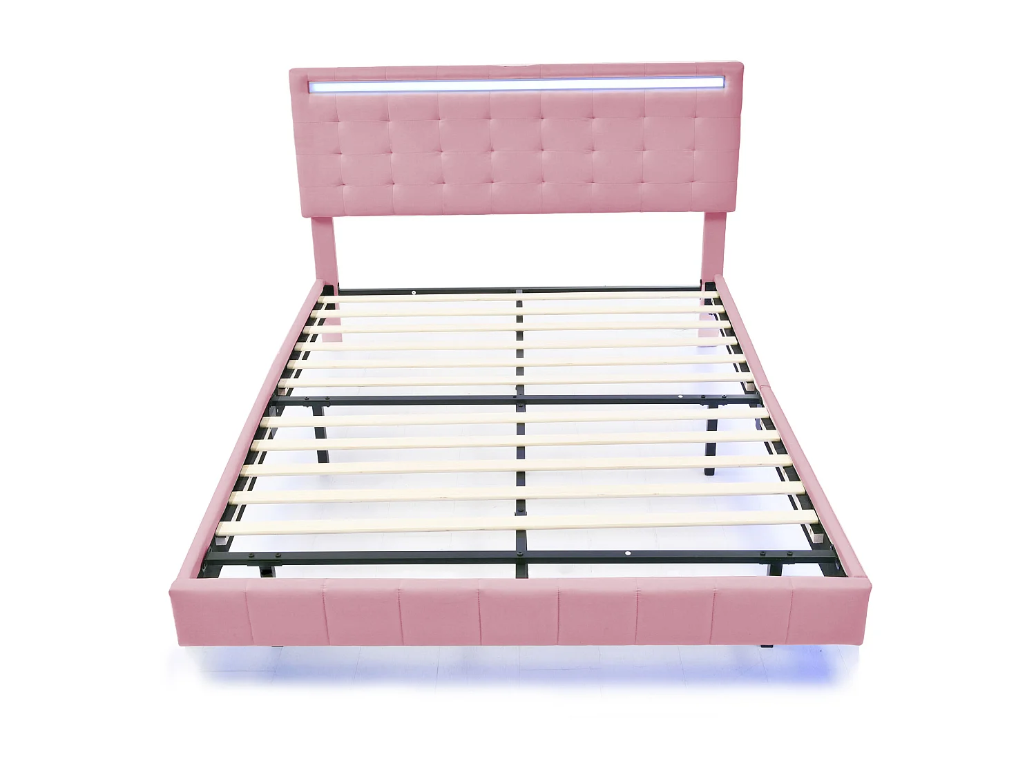 Lit capitonné avec tête de lit - 140 x 200 cm - cadre de lit flottant - LEDs - tissu lin - rose