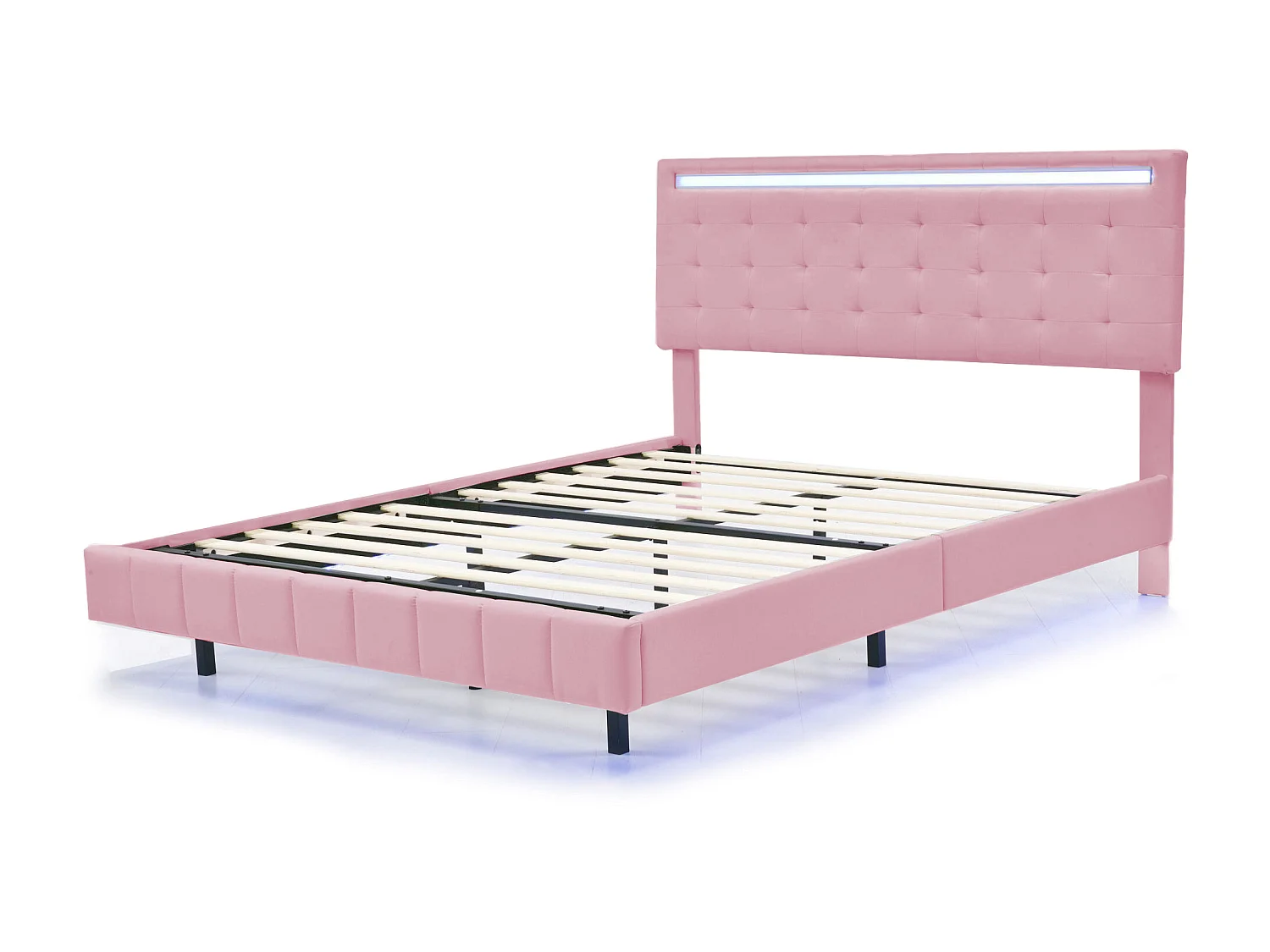 Lit capitonné avec tête de lit - 140 x 200 cm - cadre de lit flottant - LEDs - tissu lin - rose