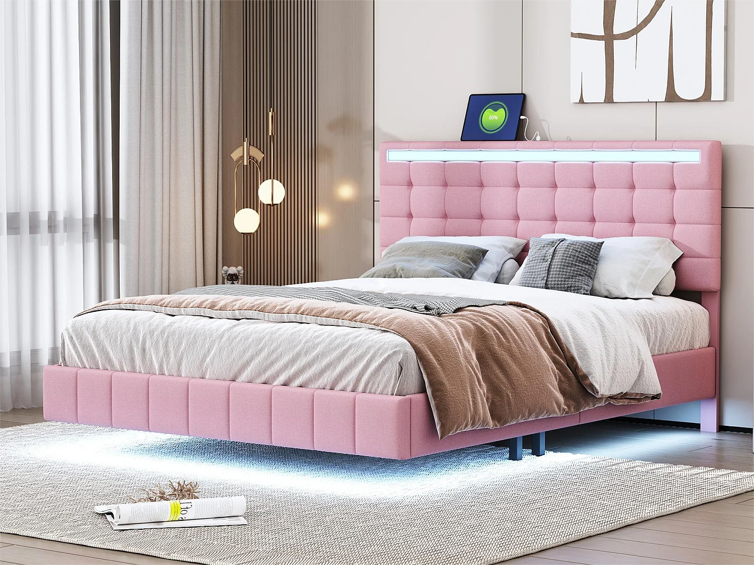 Lit capitonné avec tête de lit - 140 x 200 cm - cadre de lit flottant - LEDs - tissu lin - rose