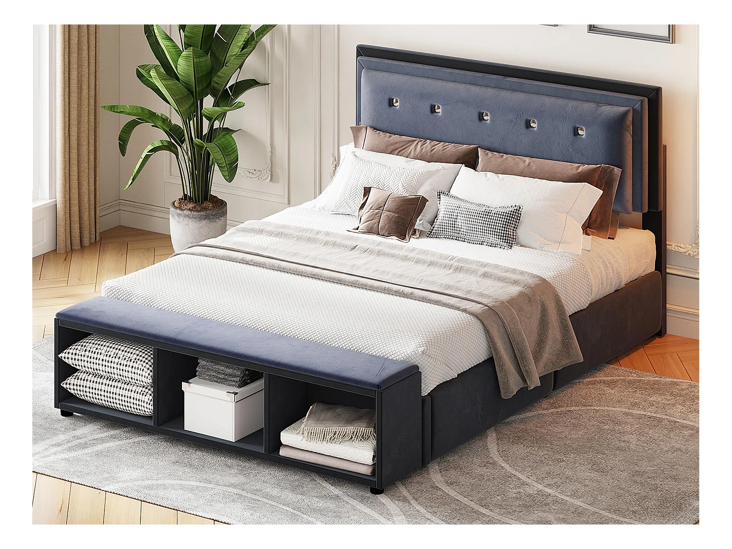 Lit capitonné 140 x 200 cm avec tête de lit réglable en hauteur, repose-pieds avec rangements amovibles, tissu velours gris