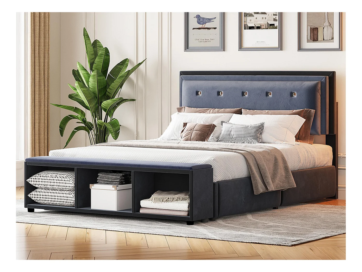 Lit capitonné 140 x 200 cm avec tête de lit réglable en hauteur, repose-pieds avec rangements amovibles, tissu velours gris