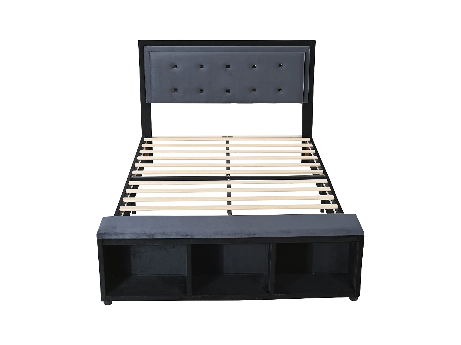 Lit capitonné 140 x 200 cm avec tête de lit réglable en hauteur, repose-pieds avec rangements amovibles, tissu velours gris