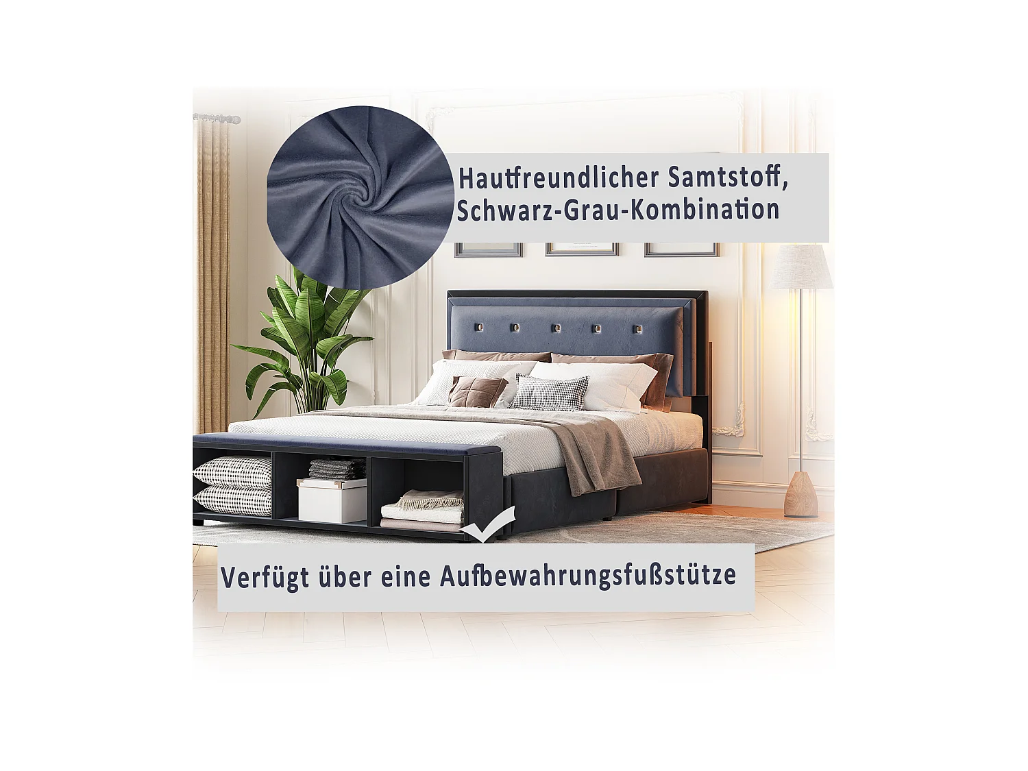 Lit capitonné 140 x 200 cm avec tête de lit réglable en hauteur, repose-pieds avec rangements amovibles, tissu velours gris