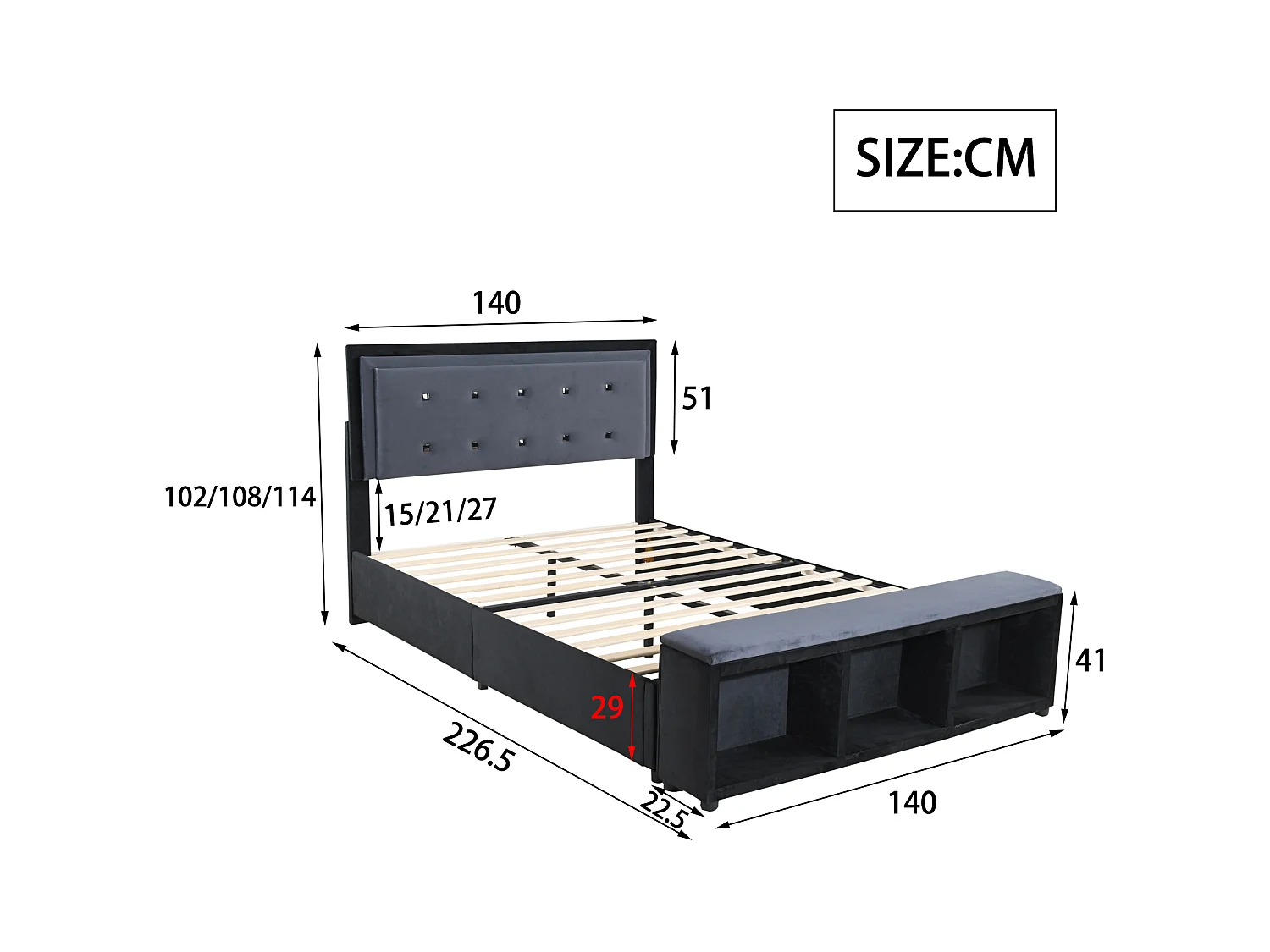 Lit capitonné 140 x 200 cm avec tête de lit réglable en hauteur, repose-pieds avec rangements amovibles, tissu velours gris