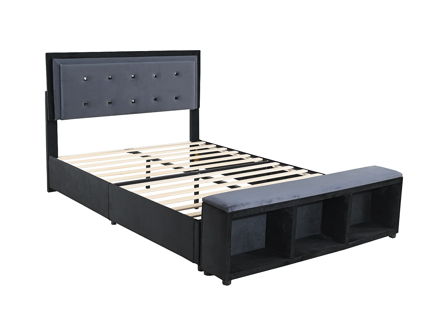 Lit capitonné 140 x 200 cm avec tête de lit réglable en hauteur, repose-pieds avec rangements amovibles, tissu velours gris