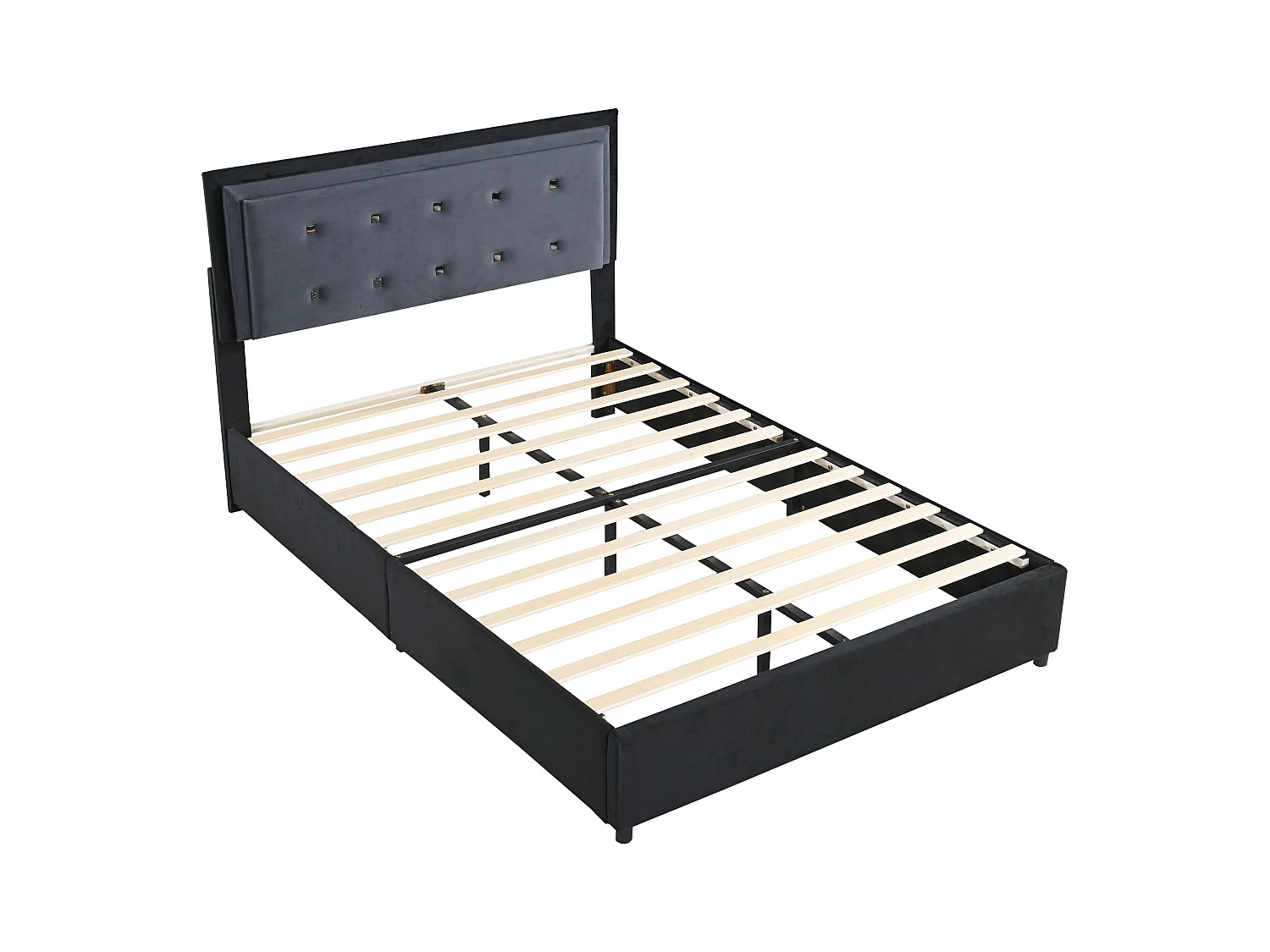 Lit capitonné 140 x 200 cm avec tête de lit réglable en hauteur, repose-pieds avec rangements amovibles, tissu velours gris