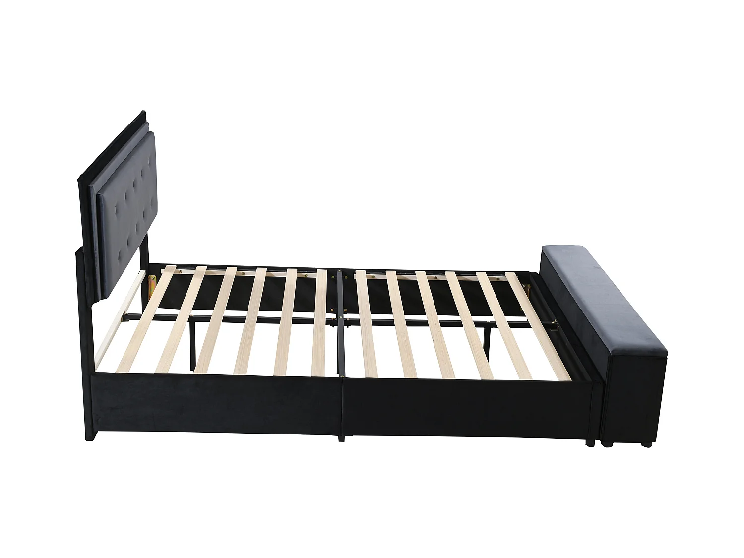 Lit capitonné 140 x 200 cm avec tête de lit réglable en hauteur, repose-pieds avec rangements amovibles, tissu velours gris