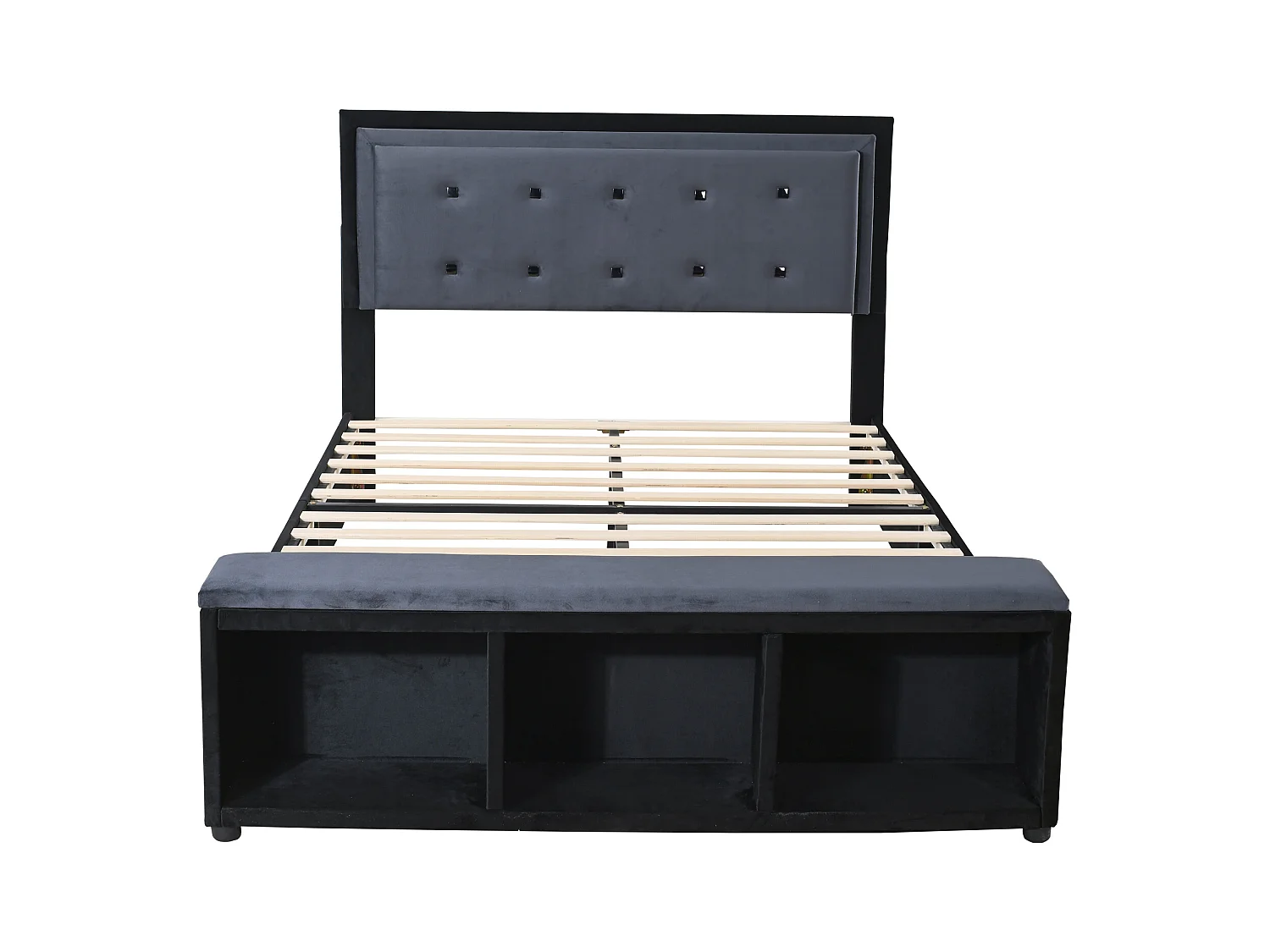 Lit capitonné 140 x 200 cm avec tête de lit réglable en hauteur, repose-pieds avec rangements amovibles, tissu velours gris