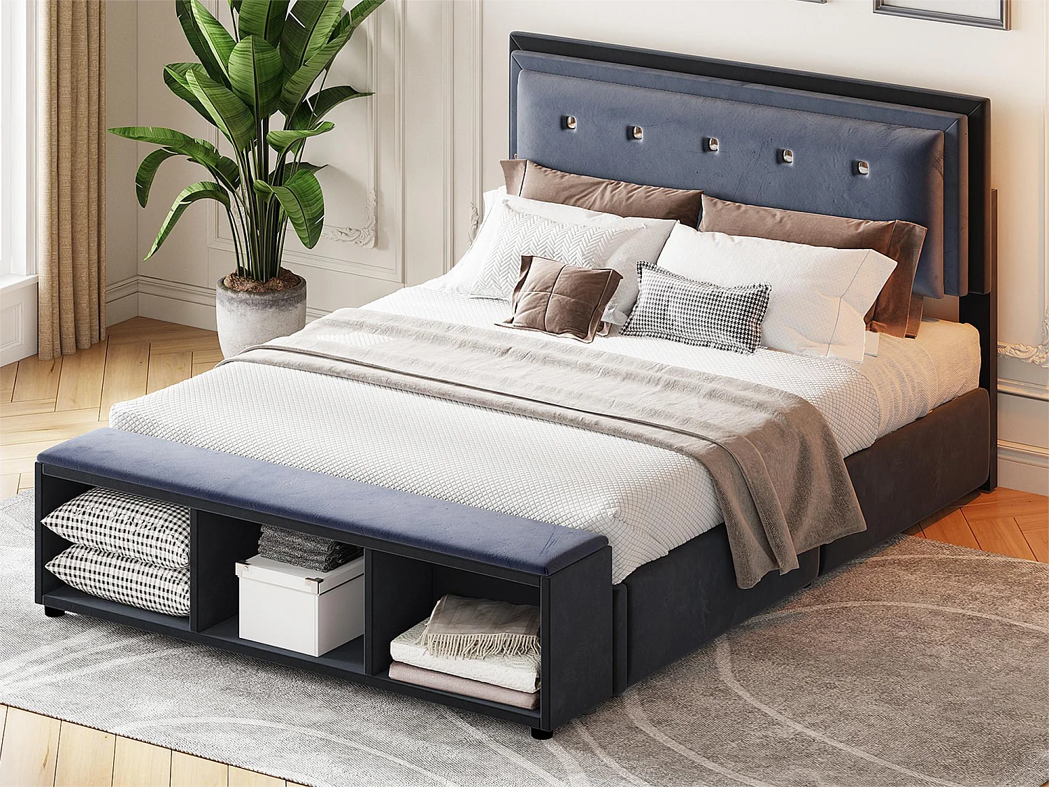 Letto imbottito 140 x 200 cm con testiera regolabile in altezza, poggiapiedi con contenitore estraibile, tessuto in velluto grigio