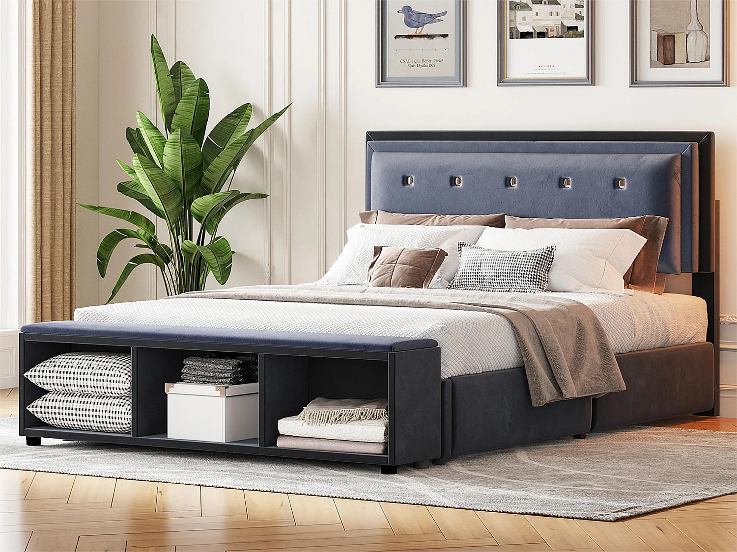 Letto imbottito 140 x 200 cm con testiera regolabile in altezza, poggiapiedi con contenitore estraibile, tessuto in velluto grigio