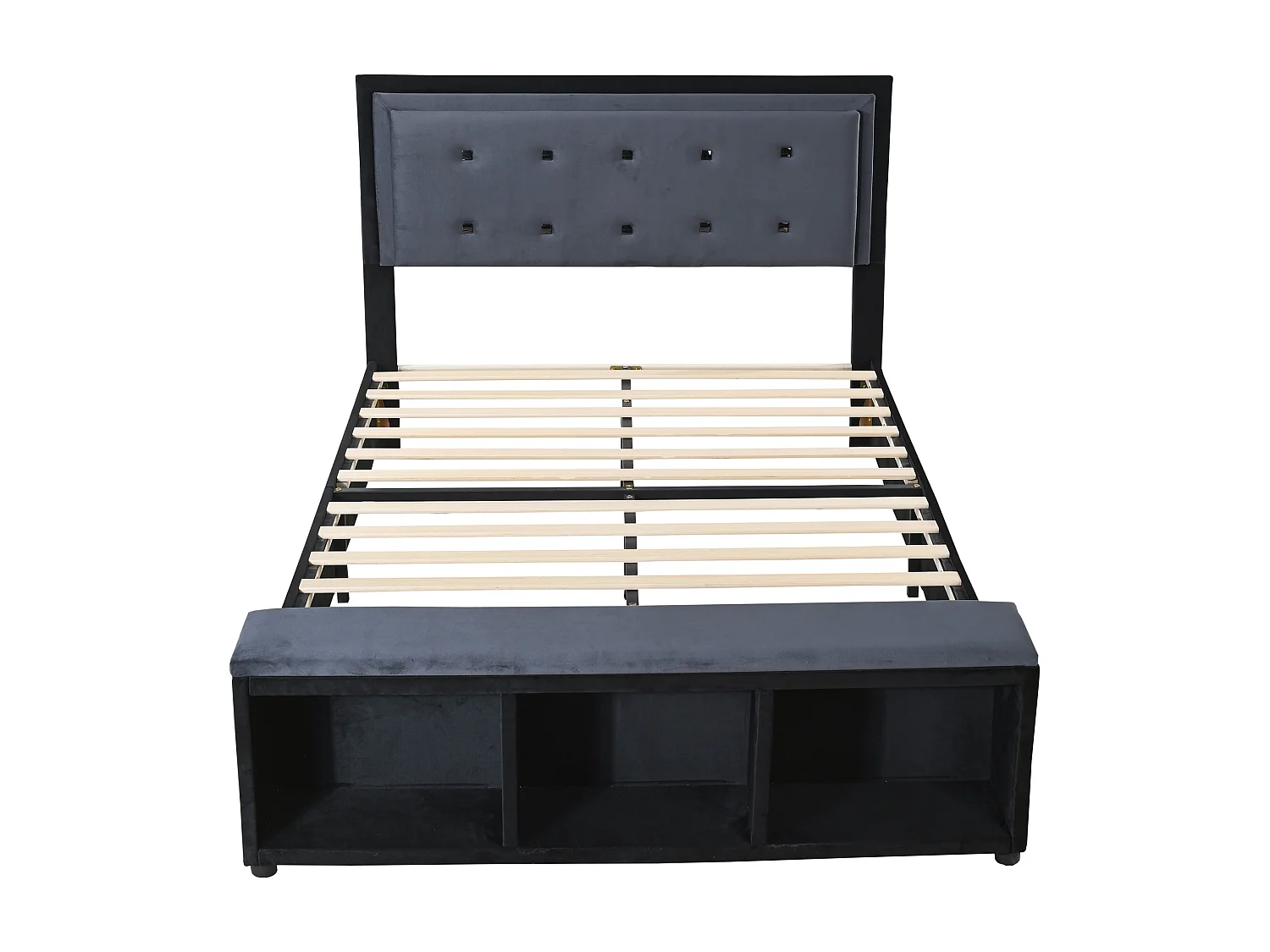 Letto imbottito 140 x 200 cm con testiera regolabile in altezza, poggiapiedi con contenitore estraibile, tessuto in velluto grigio