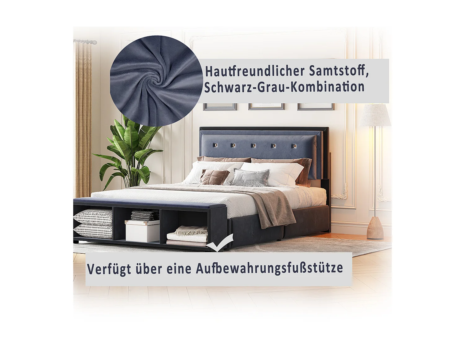 Letto imbottito 140 x 200 cm con testiera regolabile in altezza, poggiapiedi con contenitore estraibile, tessuto in velluto grigio