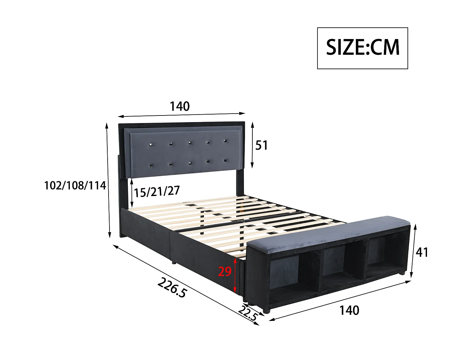 Letto imbottito 140 x 200 cm con testiera regolabile in altezza, poggiapiedi con contenitore estraibile, tessuto in velluto grigio