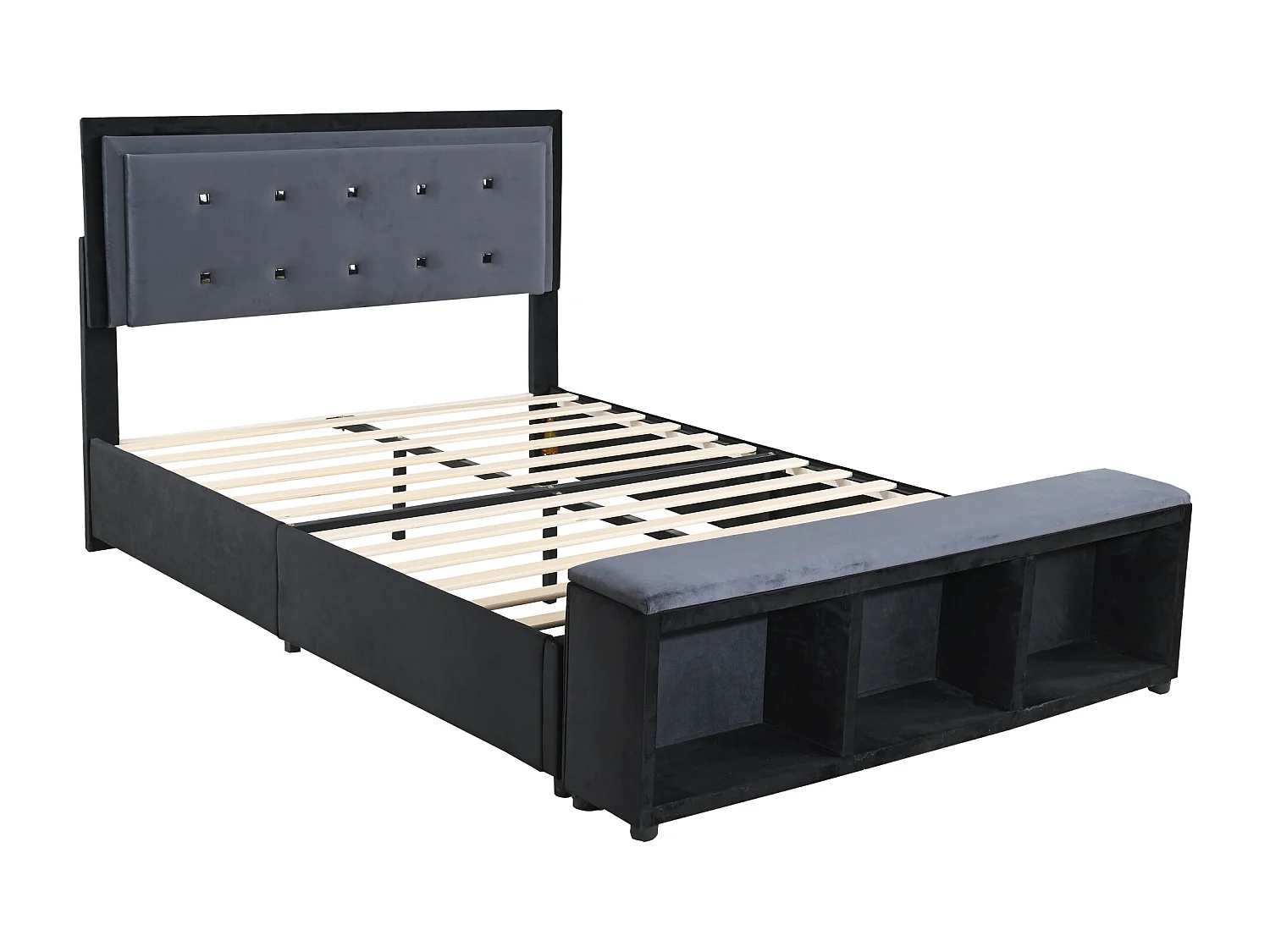 Letto imbottito 140 x 200 cm con testiera regolabile in altezza, poggiapiedi con contenitore estraibile, tessuto in velluto grigio