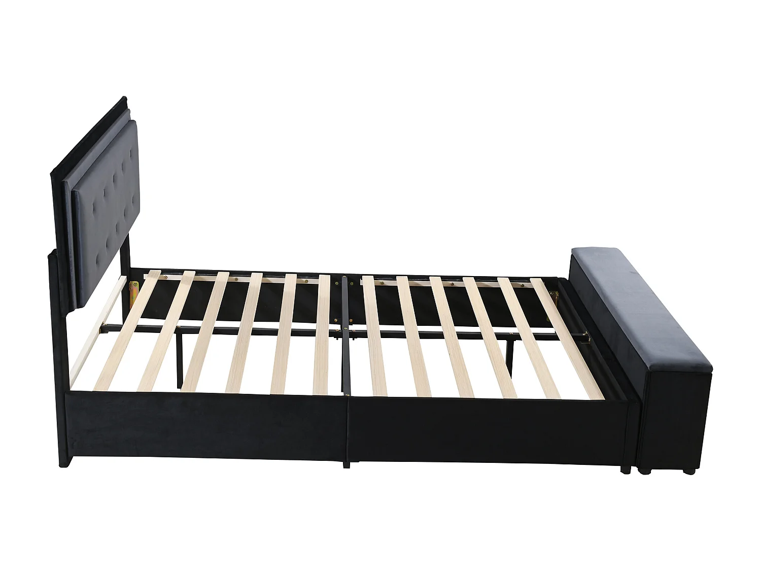 Letto imbottito 140 x 200 cm con testiera regolabile in altezza, poggiapiedi con contenitore estraibile, tessuto in velluto grigio