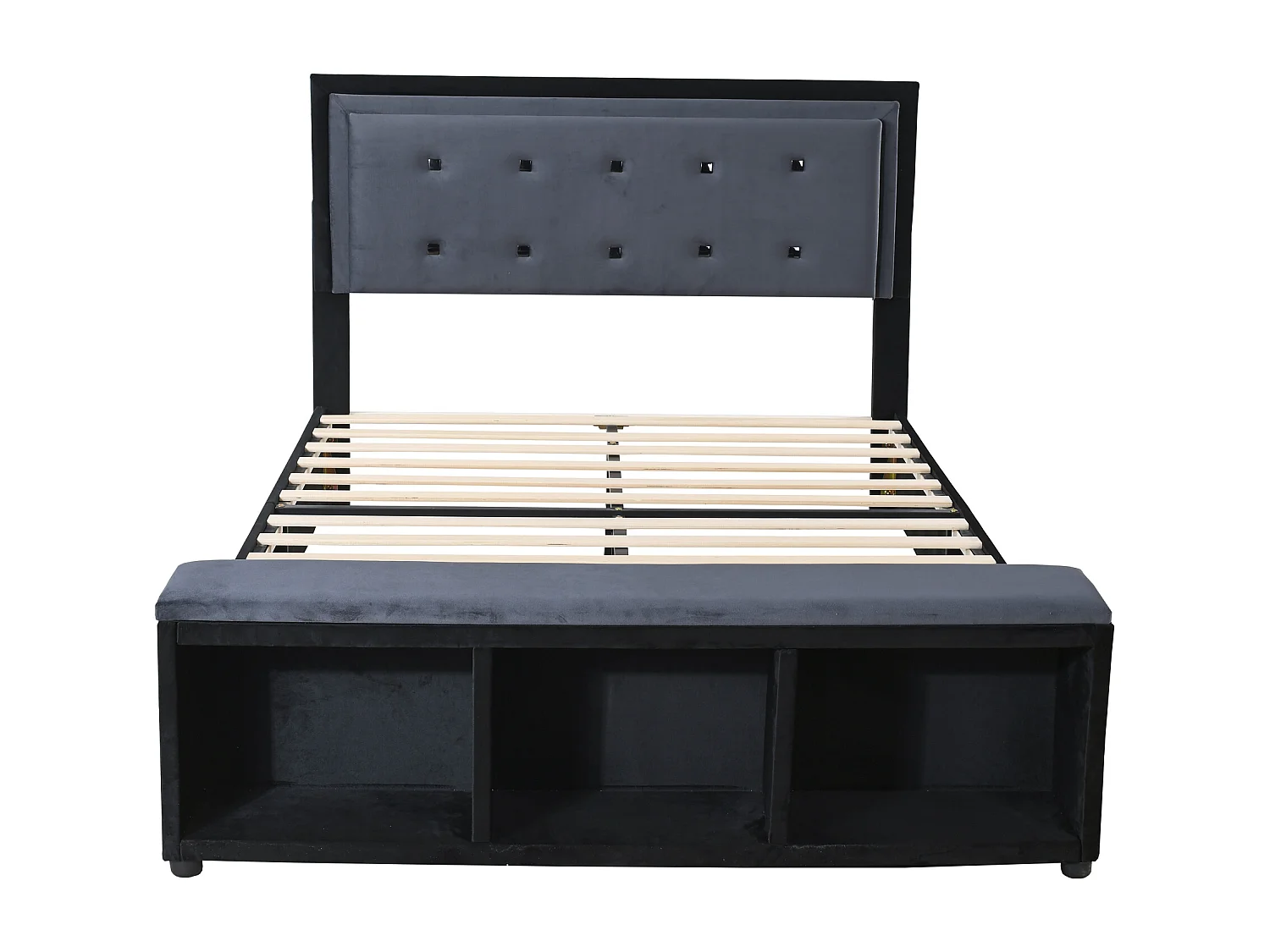 Letto imbottito 140 x 200 cm con testiera regolabile in altezza, poggiapiedi con contenitore estraibile, tessuto in velluto grigio