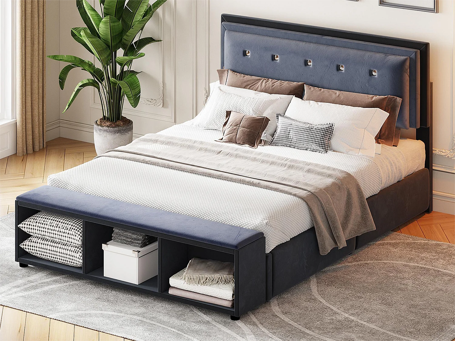 Lit capitonné 140 x 200 cm avec tête de lit réglable en hauteur, repose-pieds avec rangements amovibles, tissu velours gris