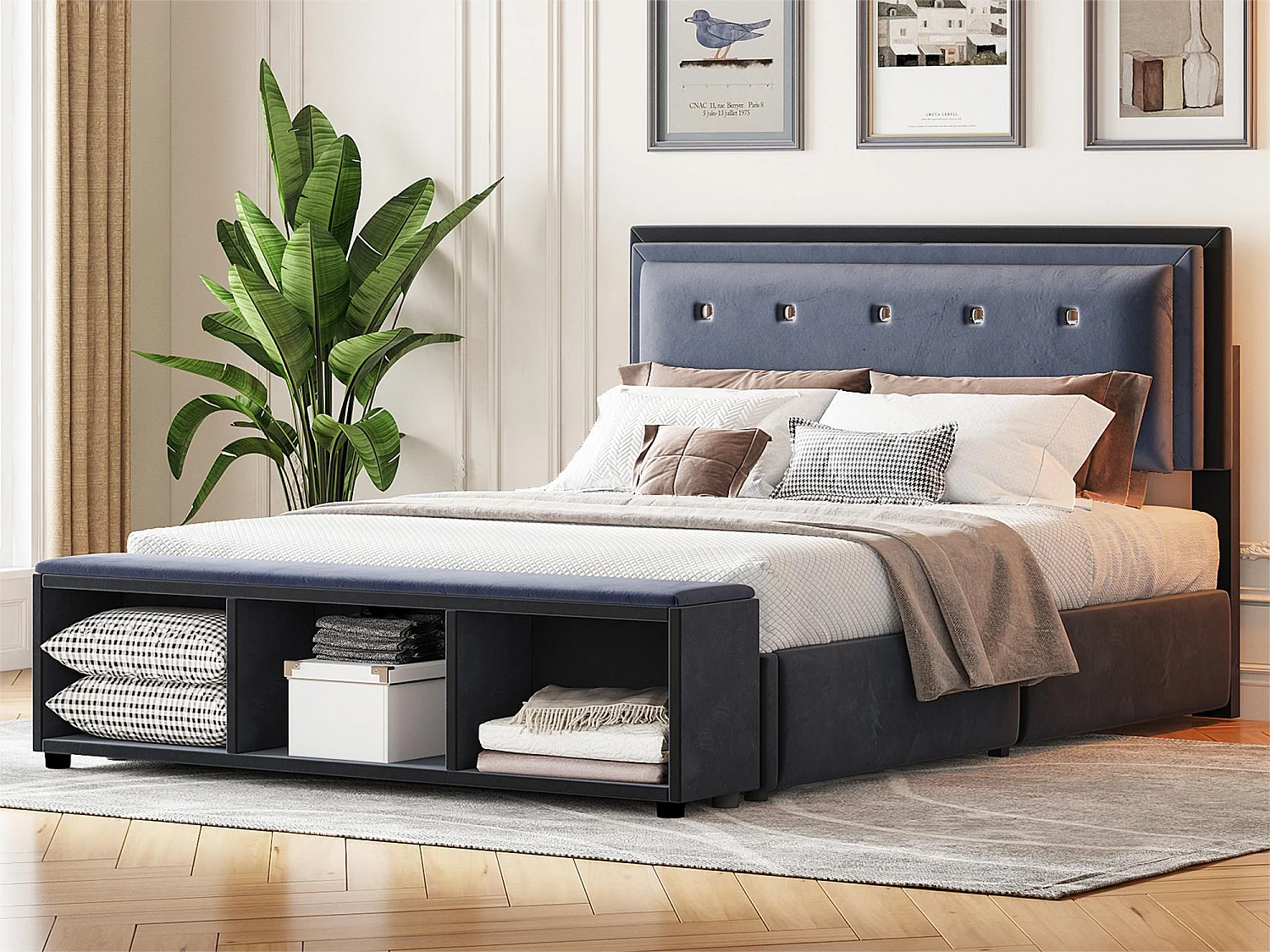 Lit capitonné 140 x 200 cm avec tête de lit réglable en hauteur, repose-pieds avec rangements amovibles, tissu velours gris