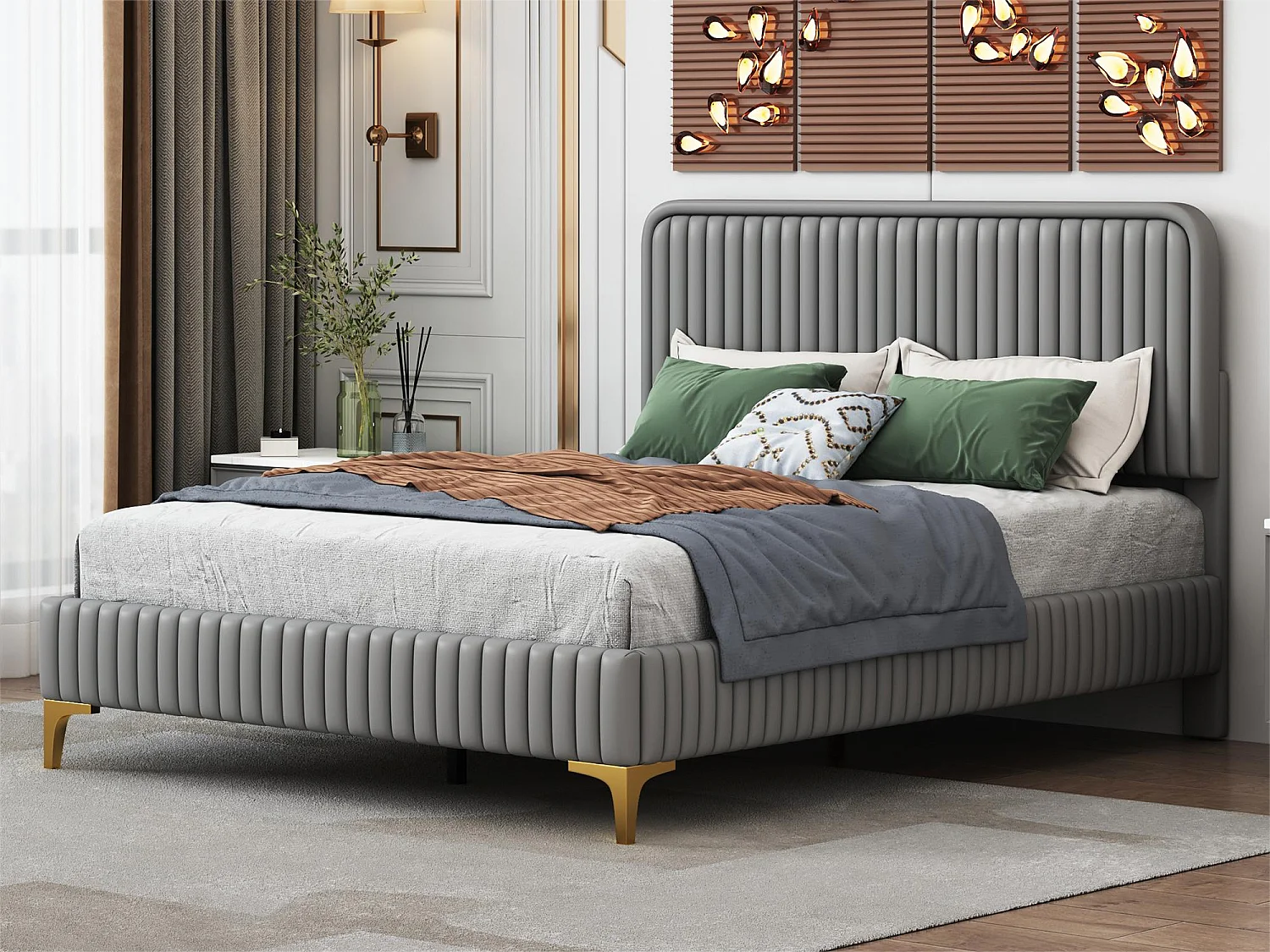 Polsterbett mit verstellbarem Kopfteil – 140 x 200 cm – Kunstleder – Metallbeine – Grau