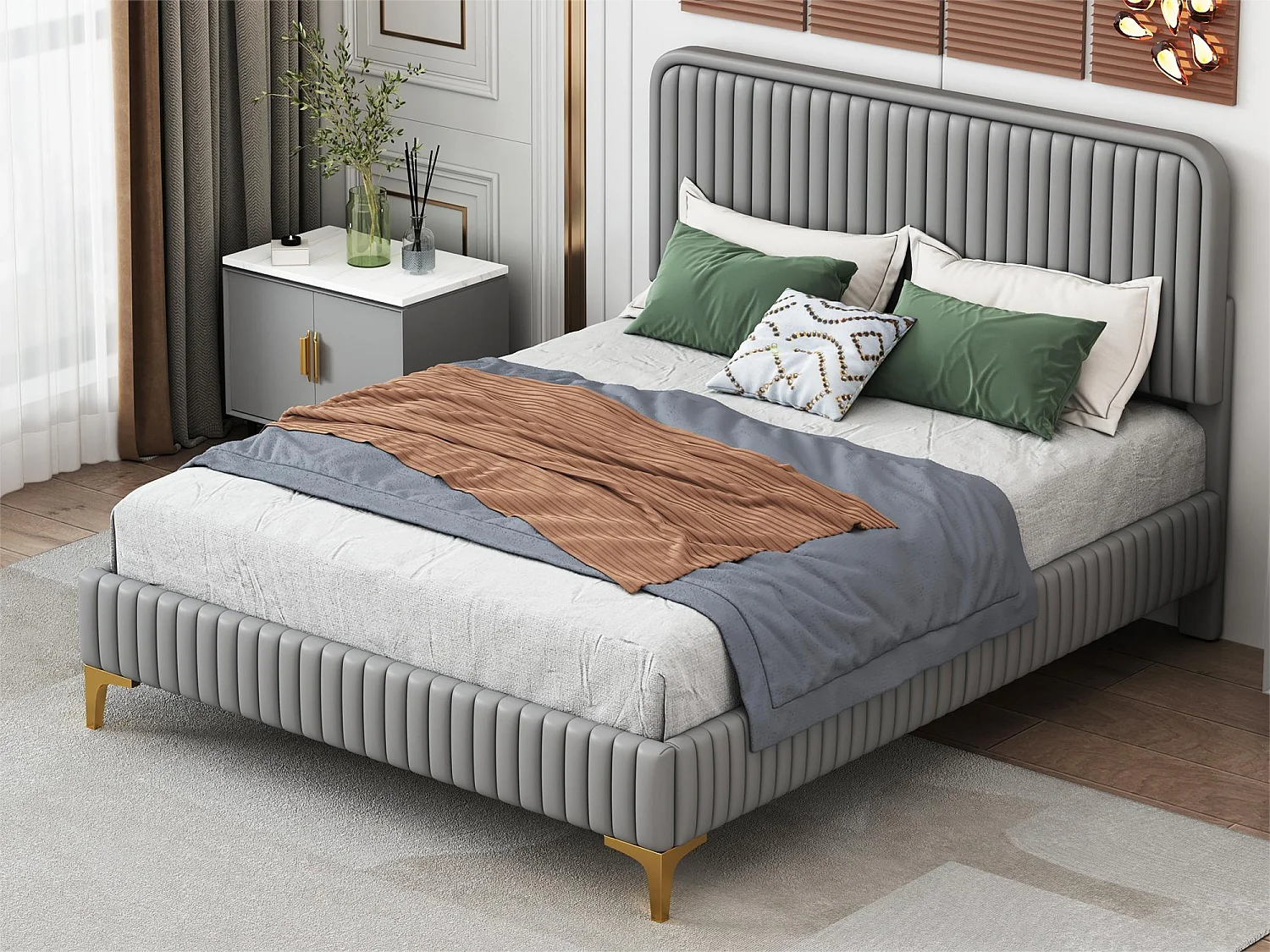 Polsterbett mit verstellbarem Kopfteil – 140 x 200 cm – Kunstleder – Metallbeine – Grau